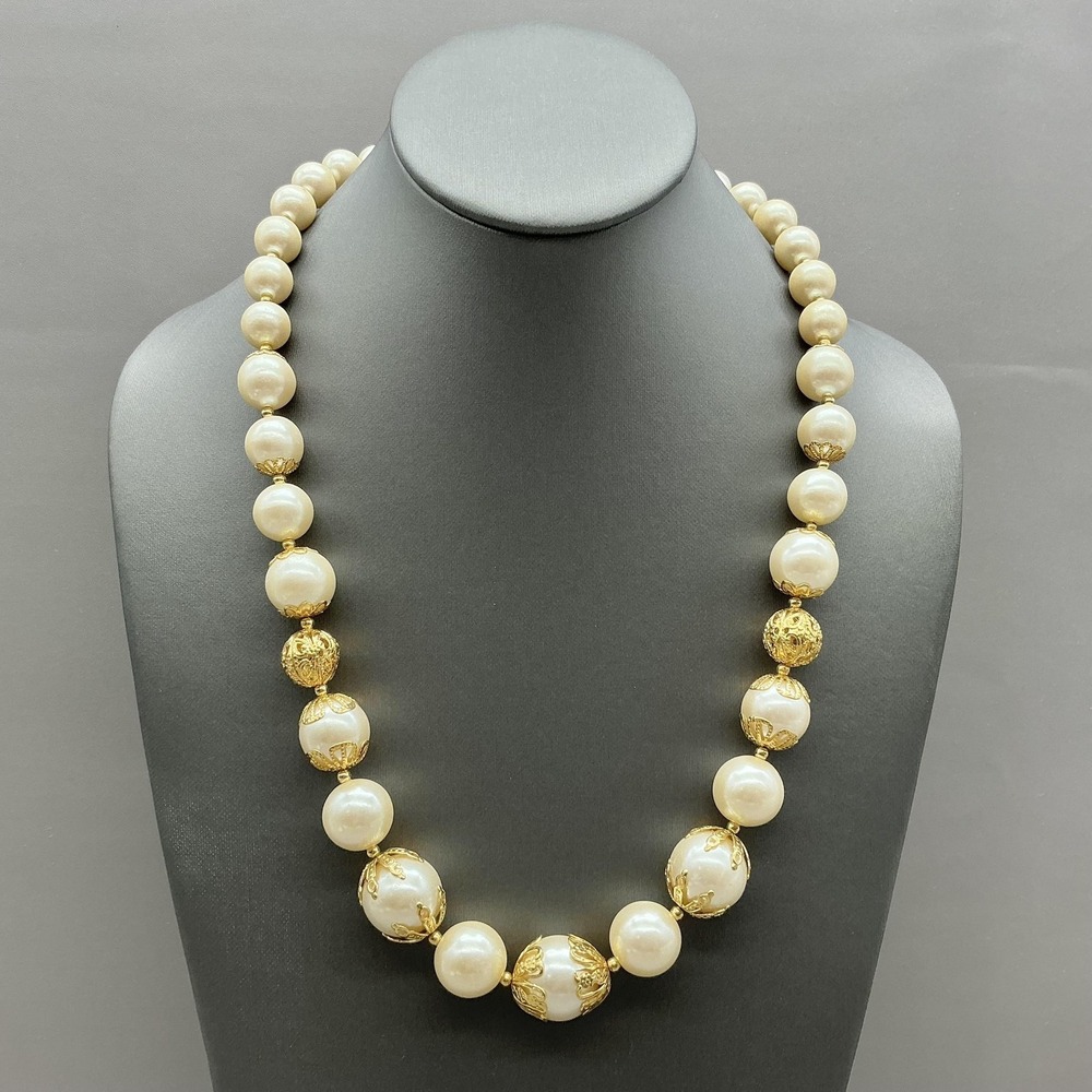 Vintage Trifari Necklace White Faux Pearl Bead Gold Tone Filigree Statement 22"